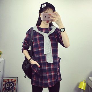 Eva Fashion Tie-Front Plaid Long-Sleeve Dress