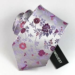 Romguest Floral Silk Neck Tie Silver - One Size