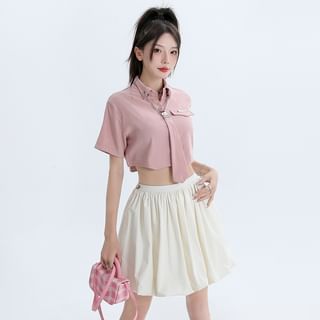 High Rise Plain Gathered Mini A-Line Skirt