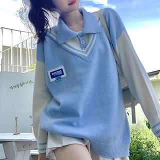 Mock Two-Piece Collar Lettering Applique Sweater