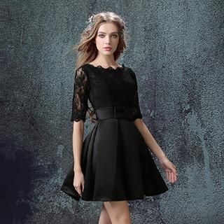 Angel Bridal Elbow-Sleeve Lace-Panel Cocktail Dress