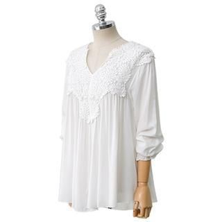 PEPER Open-Placket Crochet Lace-Panel Shirred Top