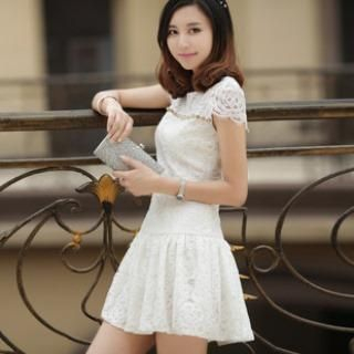 Halona Short-Sleeve Rhinestone Lace Dress