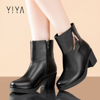 YIYA Genuine Leather Heeled Short Boots