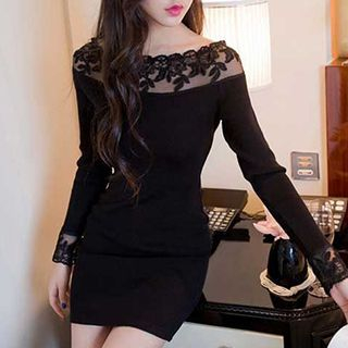 Rocho Lace Trim Boat Neck Knit Dress