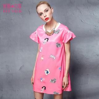 ELF SACK Short-Sleeve Ruffled Printed Dress