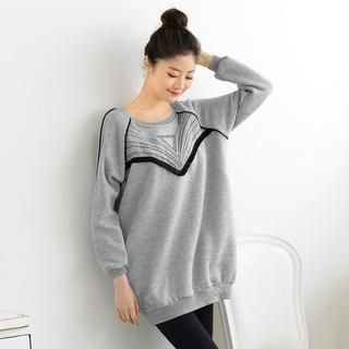 59 Seconds Embroidered Fringed Oversized Pullover Light Gray- One Size