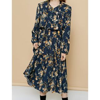 FROMBEGINNING Floral Pattern A-Line Midi Dress with Tie