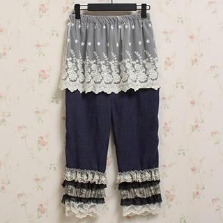 Blue Hat Lace-Overlay Cropped Pants