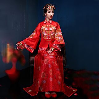 Luxury Style Embroidered Long-Sleeve 2 Pieces Wedding Cheongsam
