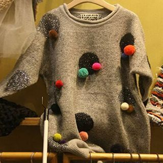 Sugar Town Pompom Accent Dotted Sweater