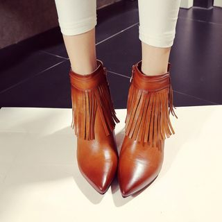 JY Shoes Genuine Leather Fringed Heeled Booties