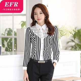 Eferu Perforated Pinstriped Lace Panel Blouse