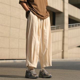 Drawstring Waist Plain Cropped Loose Fit Pants