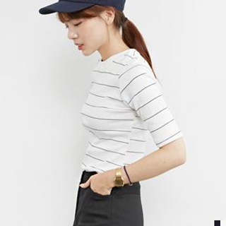 FROMBEGINNING Elbow-Sleeve Striped T-Shirt