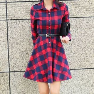 Quintess Long-Sleeve Check Shirtdress