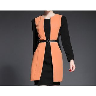 Merald Mock Two Piece Long-Sleeve Tie-Waist Dress