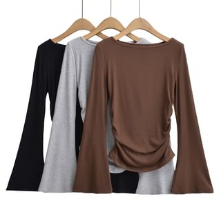 Flared-Sleeve Round Neck Plain Ruched Tee