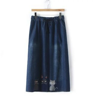 Aigan Embroidered Cat Denim Long Skirt