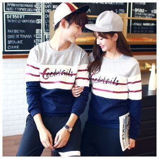 Azure Couple Matching Colour Block Letter Pullover