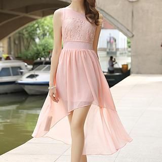 Romantica Sleeveless Lace-Panel Chiffon Dress