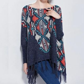 Chicsense Dolman-Sleeve Fringe Patterned Knit Top