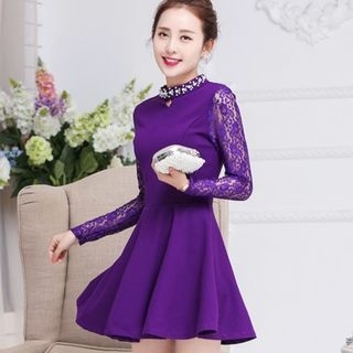 Sheeno Embellished Mock Neck Lace Panel A-Line Dress