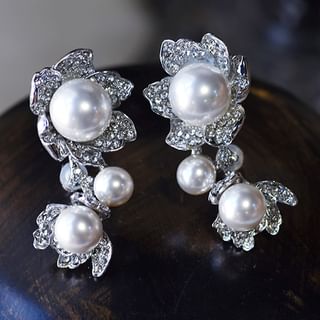 Rhinestone Faux Pearl Drop Earring 1 Pair - White - One Size