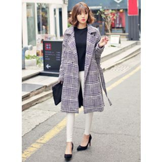 HOTPING Double-Breasted Checked Coat With Sash