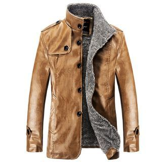 RUYA Faux-Leather Fleece-Lined Buttoned Jacket
