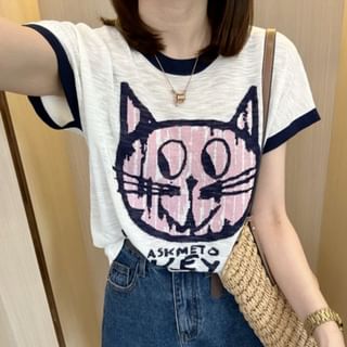 Short-Sleeve Round Neck Cat Print Contrast Trim Knit Top