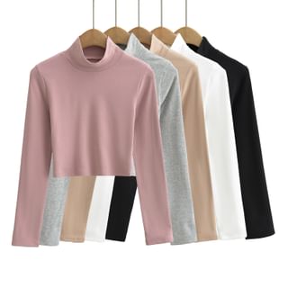 Long-Sleeve Turtleneck Plain Cropped T-Shirt