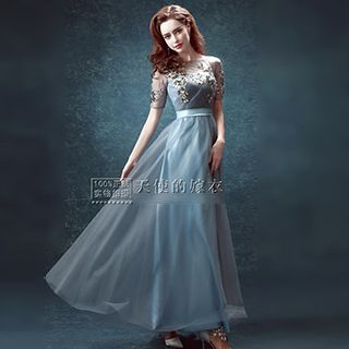 Angel Bridal Short-Sleeve Crochet Evening Gown