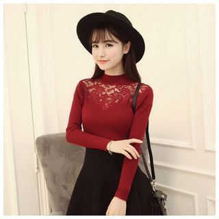 Jiuni Lace Panel Mock-Neck Knit Top