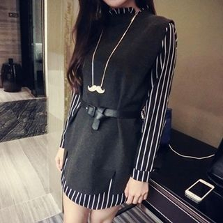 Eva Fashion Mock Two-Piece Striped Shirtdress with Belt