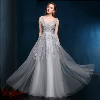 Luxury Style Sleeveless Lace Rhinestone Evening Gown
