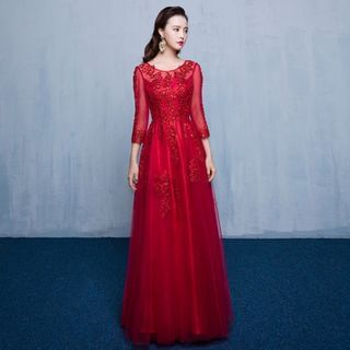 Luxury Style Embellished 3/4-Sleeve Sheath Evening Gown