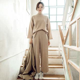 chuu Set: Mock-Neck Knit Top + Wide-Leg Knit Pants