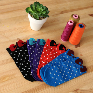 Set of 4: Polka-Dot Bow Print Socks Black, Red, Blue and Purple - One Size