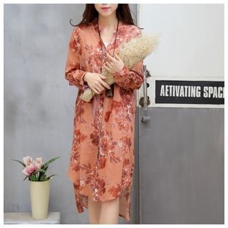 GLIT Long-Sleeve Floral Linen Dress