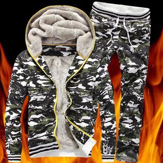 Chic Maison Set: Fleece-Lined Camouflage-Print Hooded Jacket + Drawstring Fleece-Lined Printed Pants