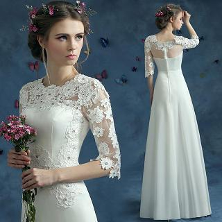 Angel Bridal 3/4-Sleeve Rhinestone Lace A-Line Wedding Dress