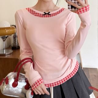 Long Sleeve Round Neck Bow Plaid Panel T-Shirt