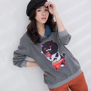 CatWorld Denim-Collar Cat-Print Pullover