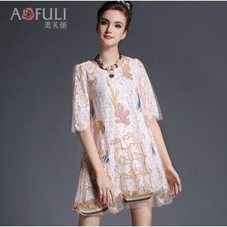 Ovette 3/4-Sleeve Lace Embroidered Shift Dress