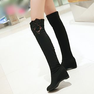 Gizmal Boots Lace Panel Hidden Wedge Over-the-Knee Boots
