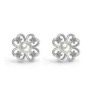 BELEC White Gold Plated 925 Sterling Silver with White Cubic Zirconia and Fashion Pearl Stud Earrings