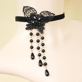 Fit-to-Kill Lace Butterfly Tassel Necklace  Black - One Size