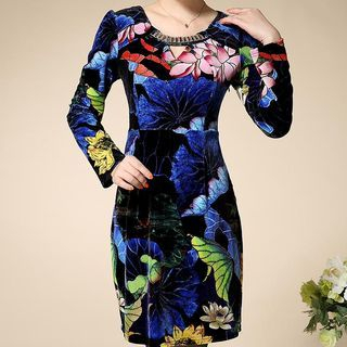 Sayumi Floral Print Long-Sleeve Shift Dress