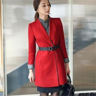 ode' Wrap-Front Wool Blend Long Coat with Belt